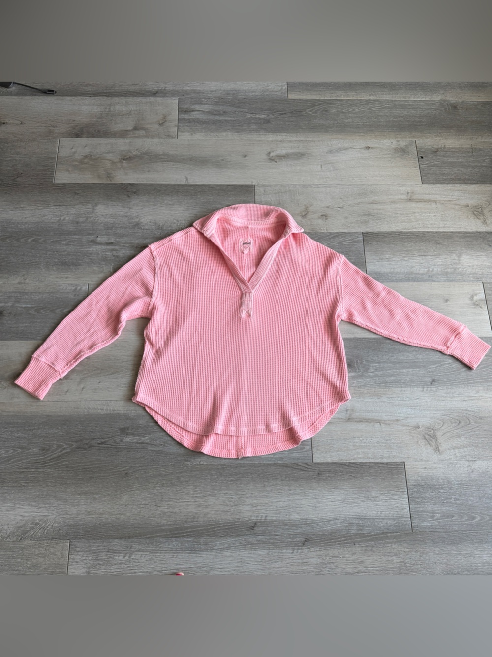aerie Pink Waffle-Knit V-Neck Long sleeve Pullover oversized size SP